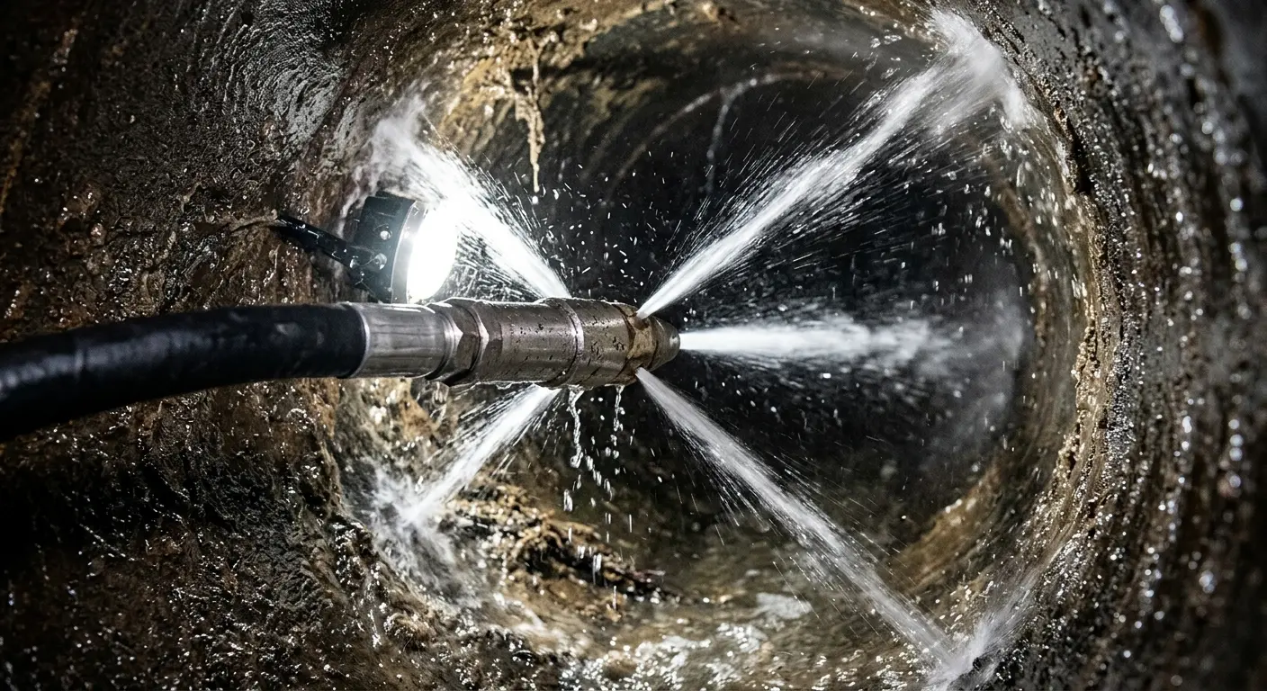 High-pressure hydro jetting nozzle cleaning sewer pipe for Emergency Drain Service in Alliance