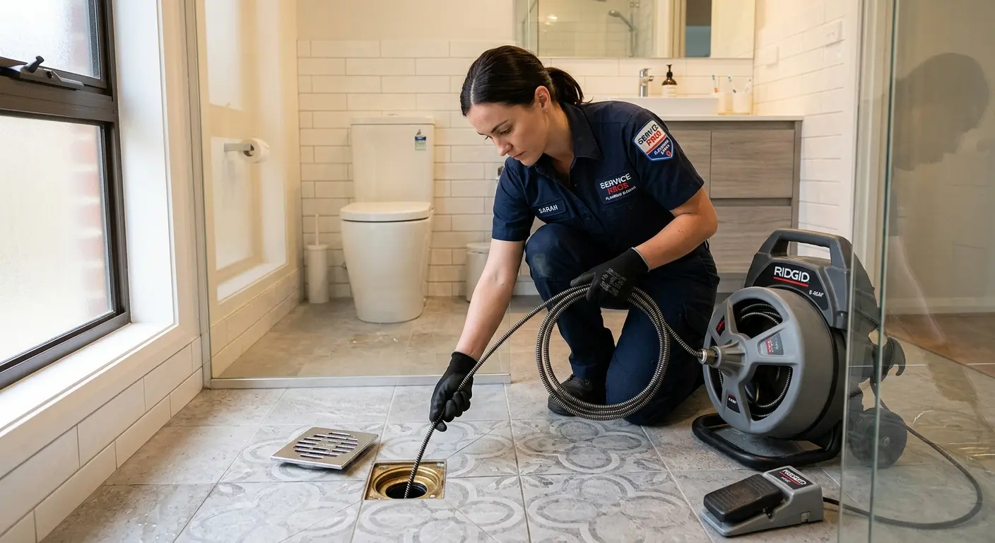 Technician clearing a bathroom floor drain for Drain Repair in Alliance